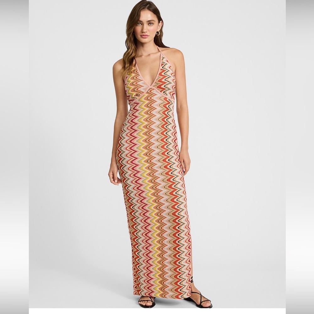 Express Multicolor Zigzag Crochet Strapless Maxi Dress
